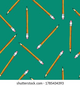 Seamless geometric pattern with simple pencils in a flat style. on a green background