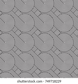 Seamless geometric pattern. Geometric simple print. Vector repeating texture. Linear background. Retro motif graphic texture. 80s style background with concentric circles and lines overlapping.