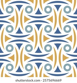 Seamless geometric pattern with simple geometric shapes in blue and yellow isolated on a white background. Elegant and trendy design. Contemporary ethnic style. Abstract vector illustration.
