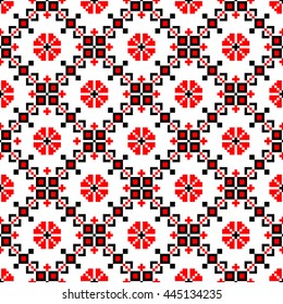 Seamless geometric pattern. Slavic ornaments, embroidery with circles flower (red and black on a white background). Vector illustration