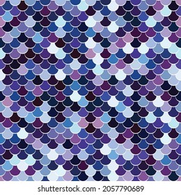 Seamless geometric pattern with small blue and purple wavy circles on a white background. Fish scales texture. Vector illustration for textile, wrapping, print, and decoration.