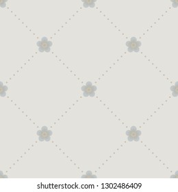 Seamless geometric pattern with small bluish grey flowers and light brown dotted rhombuses on light grey background. Khaki, muted earthy, pale colors. Repeat botanical pattern. Vector illustration.