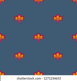 Seamless geometric pattern with small brigh red and yellow flowers on dark dusty blue background. Repeat botanical pattern. Vector illustration.
