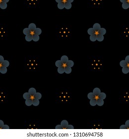 Seamless geometric pattern. Small dark dusty grey flowers with neon orange core and neon orange dots on black background. Repeat botanical pattern. Vector illustration.