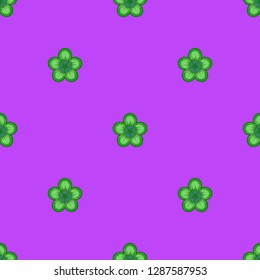 Seamless geometric pattern with small green flowers on purple background. Repeat botanical pattern. Vector illustration.