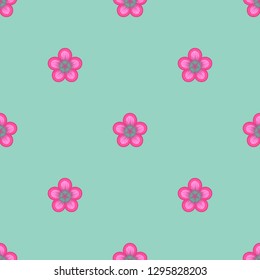 Seamless geometric pattern. Small hot pink flowers with turquoise core on tiffany blue background. Repeat botanical pattern. Vector illustration.
