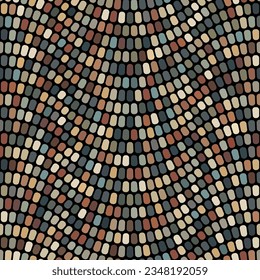 Seamless geometric pattern. Small multicolored rectangular tiles arranged in wavy lines on a black background. Pebble mosaic style. Modern dotted texture. Vector illustration.