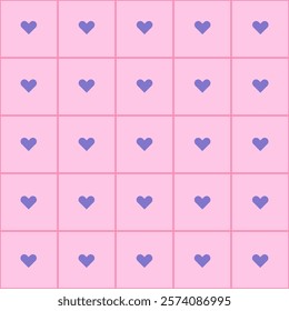 Seamless geometric pattern with small purple hearts in outlined squares on a pastel pink background. Cute aesthetic design for girly-themed projects, scrapbooking, packaging, etc.
