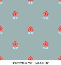 Seamless geometric pattern with small red flowers and bluish leaves on gray background. Repeat botanical pattern. Vector illustration.