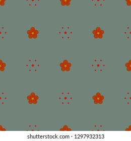 Seamless geometric pattern. Small red-orange flowers and red dots on grey background. Repeat botanical pattern. Vector illustration.