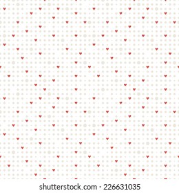 Seamless geometric pattern. Small subtle circles and fine red hearts. Vector repeating texture for Valentine's Day