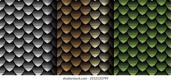 Patrón geométrico sin fisuras, pez serpiente, sirena, escamas de dragón. Estilo del arte del pixel de la textura del sistema en blanco, oro, colores verdes, fondo animal del Vector para su diseño, cubierta y Fondo de pantalla 