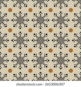 seamless geometric pattern with geometric snowflakes abstract backdrop black shapes on beige background graphic design for fabric pattern prints wallpaper backdrop wrapping paper vector