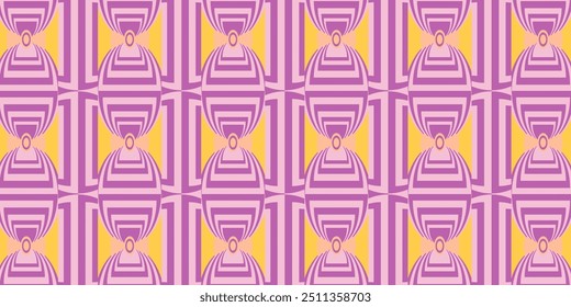 Patrón geométrico sin fisuras en tonos suaves púrpura y amarillo, con Formas abstractas simétricas y diseños repetitivos, adecuados para fondos o textiles.