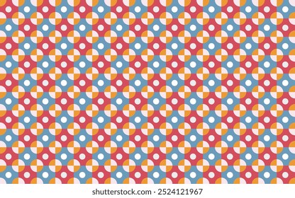 Seamless geometric pattern of square and circle shapes arranged like a colorful chessboard. Perfect for printing, design and textiles