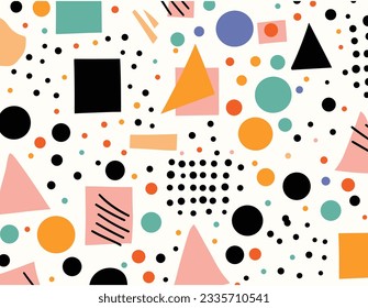 seamless geometric pattern with square, circle,triangle and square, in the style of confettilike dots, whimsical minimalism, colorful figures, memphis design, uhd image, white background
