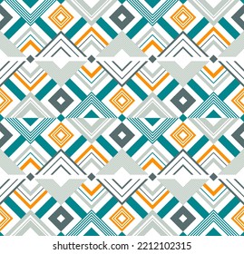 Seamless geometric pattern with square, triangle and line blue,orange and gray on white background. Vector illustration. For cloth textile polo shirt wrapping wallpaper sportswear.