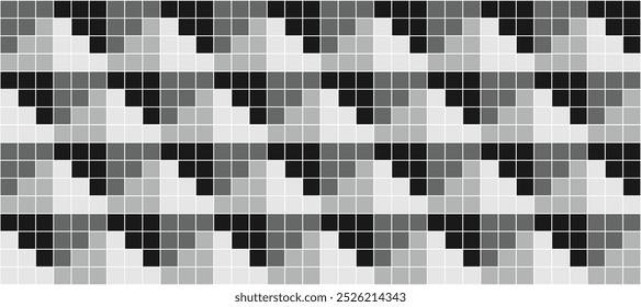 Seamless geometric pattern of squares arranged in a stepped combination of black and gray with thin white lines. Perfect for printing, design and textiles