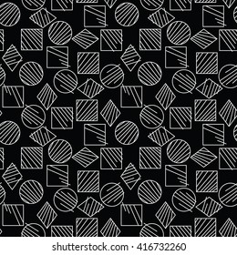 seamless geometric pattern. squares, circles, diamonds with white lines on a black background.vector illustration