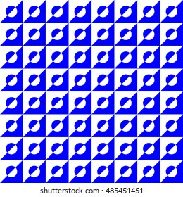 Seamless geometric pattern of squares and circles inside divided in half. In two colors white and bright blue.
