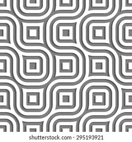 Seamless geometric pattern of squares and flowing lines.