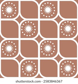 Seamless geometric pattern with squares, stars and circles. Vector graphics.