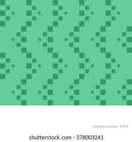 Seamless geometric pattern with a pattern of squares vertically scattered in a line from largest to smallest. The two colors of dark green squares on green background.