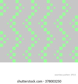 Seamless geometric pattern with a pattern of squares vertically scattered in a line from largest to smallest. The two colors light green squares on a gray background.