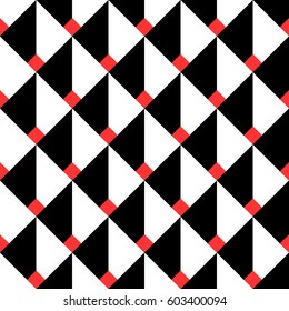 Seamless geometric pattern of squares in volume. Black and white with a small red square.