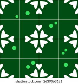 Seamless geometric pattern with squares and white hearts on a green background. Vector graphics.