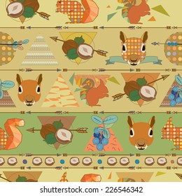 Seamless geometric pattern with squirrels and nuts