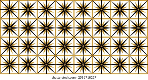 Seamless geometric pattern of star or asterisk shapes, arranged in a diamond pattern. Black and gold are used to create a striking and visually appealing design