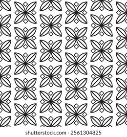 A seamless geometric pattern with star and diamond shapes, ideal for backgrounds, textiles, and creative designs requiring bold and intricate aesthetics