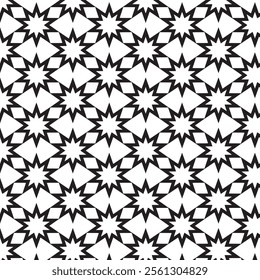 A seamless geometric pattern with star and diamond shapes, ideal for backgrounds, textiles, and creative designs requiring bold and intricate aesthetics