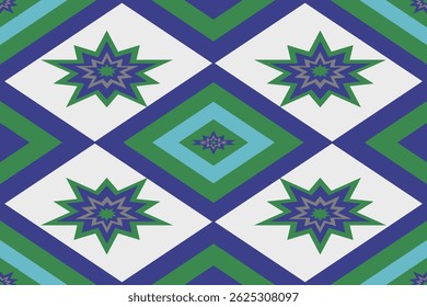 Padrão geométrico contínuo com motivos de explosão estelar em tons de azul, verde e aqua. Ideal para têxteis, papéis de parede e uso digital. Arrojado, moderno e simétrico com um design de inspiração tribal.