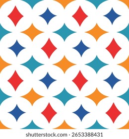 Seamless geometric pattern with star-like diamond shapes inside circular forms in red, blue, orange, and teal on a white background.