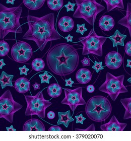seamless geometric pattern with stars and circles, dark background