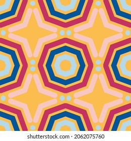 Patrón geométrico sin fisuras de estrellas, puntos, cuadrados deformados y diamantes. Ilustración vectorial para web, tarjeta, banner, papel. Colores primaverales, amarillos, rosas, azules y pastel. EPS 10.