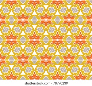 Seamless geometric pattern with stars and flowers in yellow, grey, orange