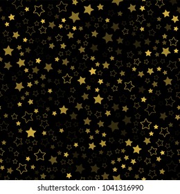Seamless geometric pattern from stars. Gold stars on a black background. Vector illustration.