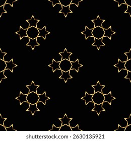 Patrón geométrico sin fisuras de las estrellas. Oro sobre fondo negro. Ilustración vectorial.