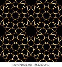 Padrão geométrico contínuo das estrelas. Ouro no fundo preto. Ilustração vetorial.