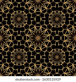 Seamless geometric pattern of stars. Gold on black background. Vector illustration.