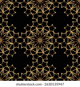 Seamless geometric pattern of stars. Gold on black background. Vector illustration.
