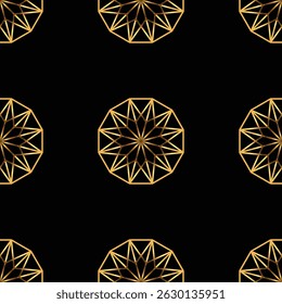 Seamless geometric pattern of stars. Gold on black background. Vector illustration.