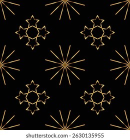 Nahtloses geometrisches Muster von Sternen. Gold auf schwarzem Hintergrund. Vektorgrafik.