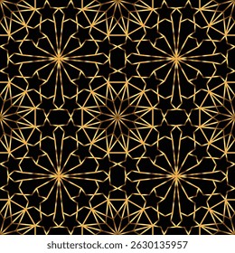 Seamless geometric pattern of stars. Gold on black background. Vector illustration.