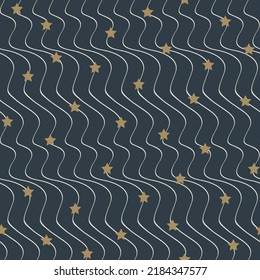 Seamless geometric pattern with stars. Stars hanging on vertical wavy lines. Random stars on black background.