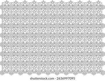 Seamless Geometric Pattern with Stars and Hexagons, A black and white seamless geometric pattern featuring intricate arrangements of stars and hexagonal shapes, creating a modern and abstract