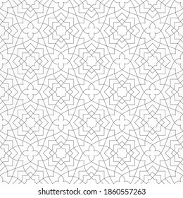 Seamless geometric pattern with stars and stylized flowers on white background. Monochrome abstract floral design. Decorative lattice in Arabic style. Ornament for textile, fabric and wrapping.